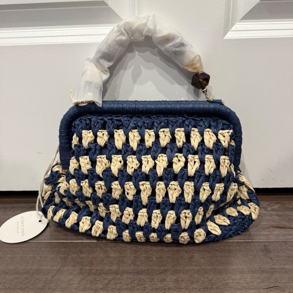 Altar'd State Woven Straw Clutch Navy Blue Cream Beaded Resin Handle Handbag - Picture 6 of 9